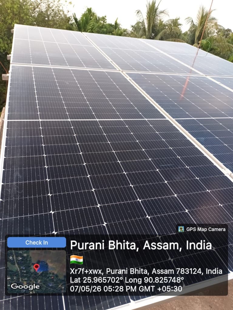 Rooftop solar panel array installation in Purani Bhita, Goalpara, Assam